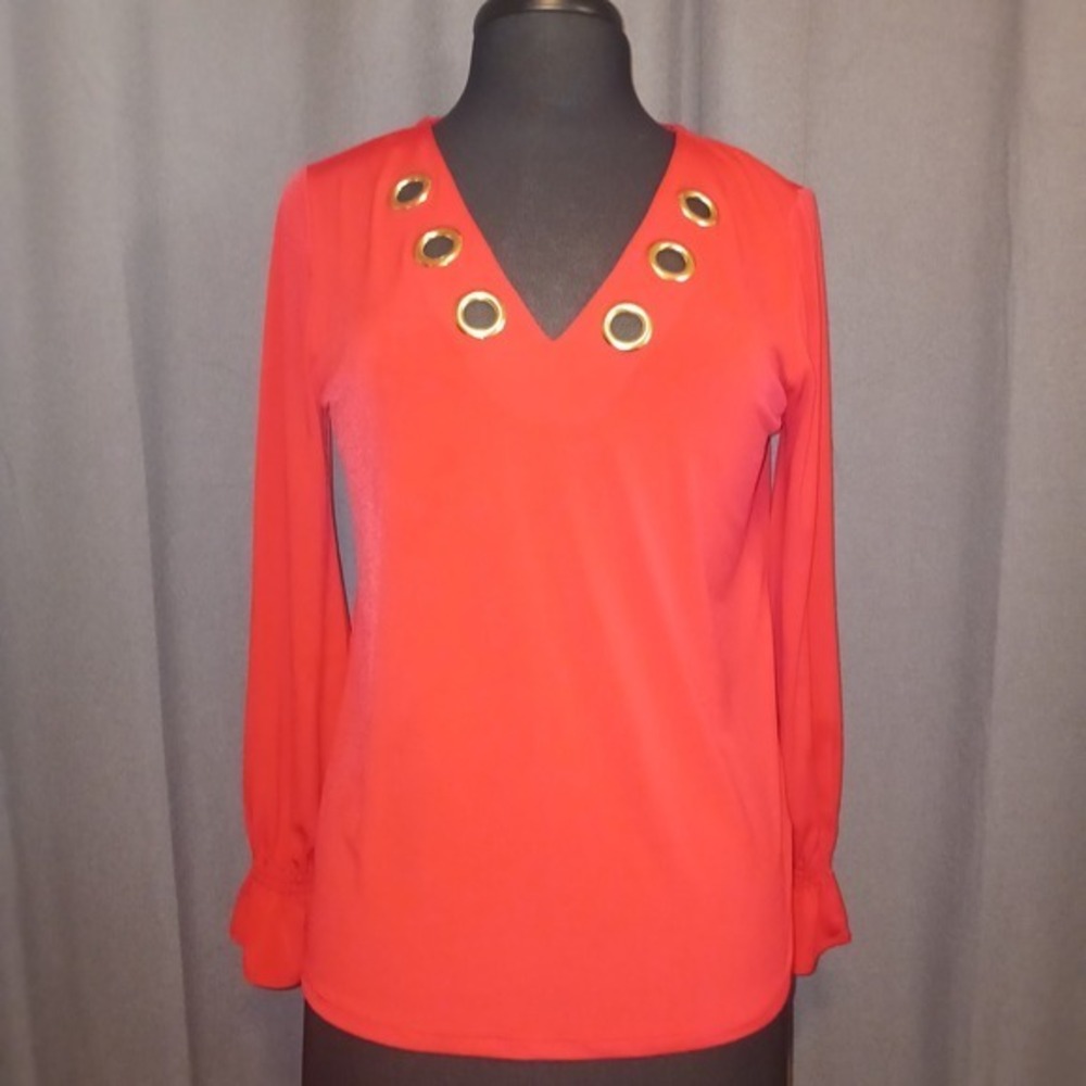Michael Kors Red Blouse Top Gold Grommet V Neckβ Long Sleeve Ruffle Cuff small